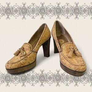 Sesto Meucci tan beige cork platform platform loafer heels